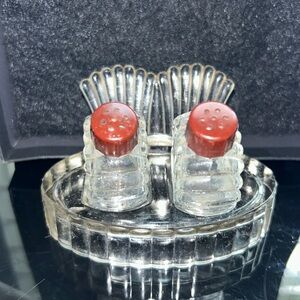 Hazel Atlas Glass Salt and Pepper Shakers with Holder - Ribbon Style - Art Deco